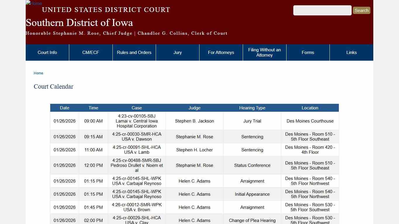 Court Calendar Southern District of Iowa United States District Court